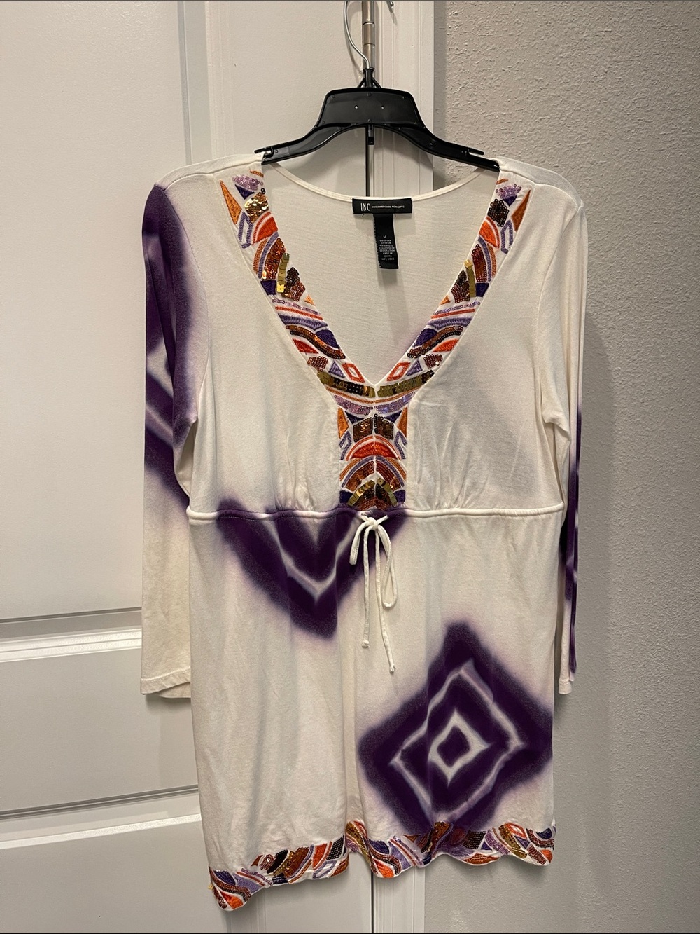 INC International Concepts Purple & White Embroidered V-Neck Tunic NWOT